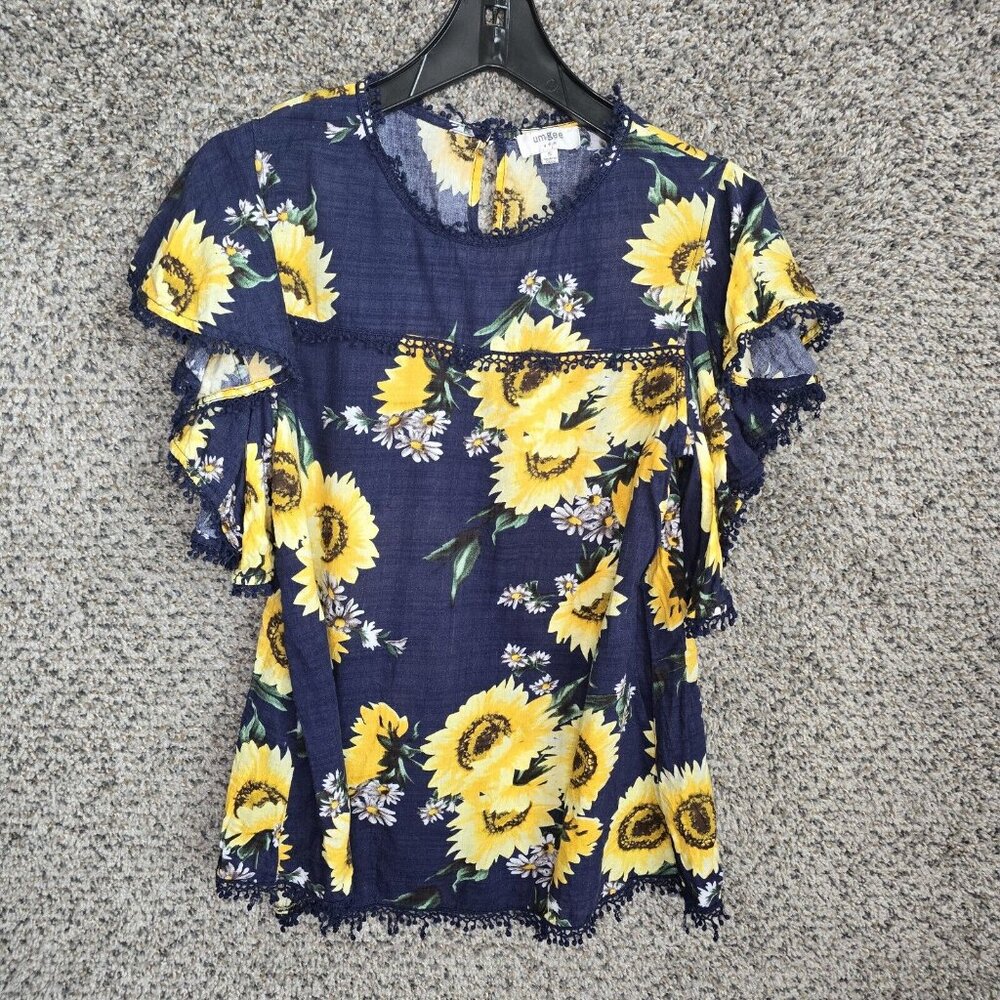 UMGEE Top Womens Small Navy Blue Sunflower Print Flutter‎ Sleeve Keyhole Button